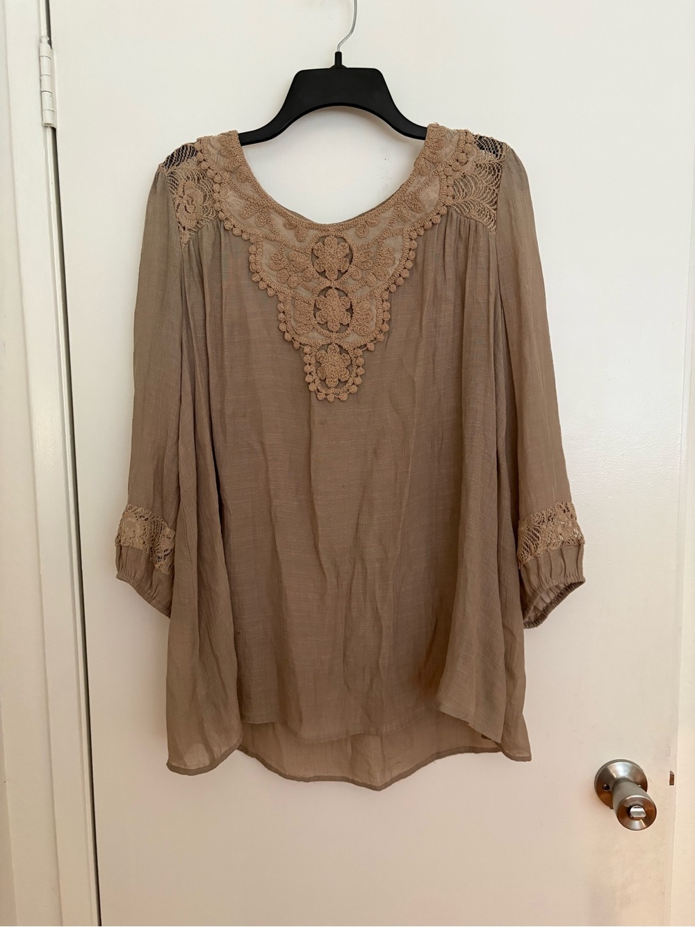Women's Crochet-Yoke Boho Blouse in Taupe